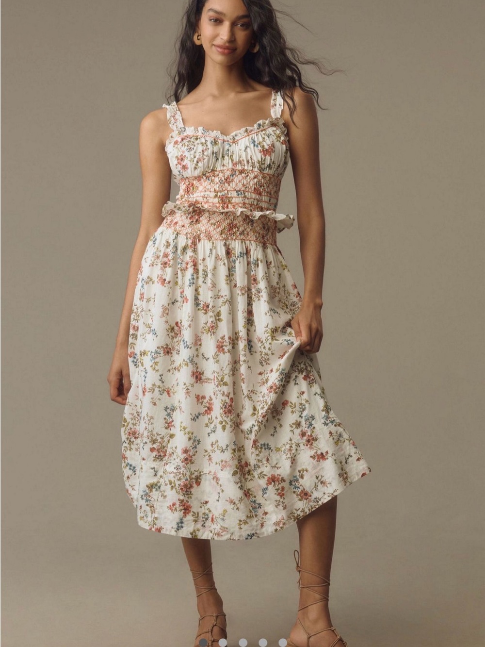 Anthropologie Cream Floral Smocked Midi Dress